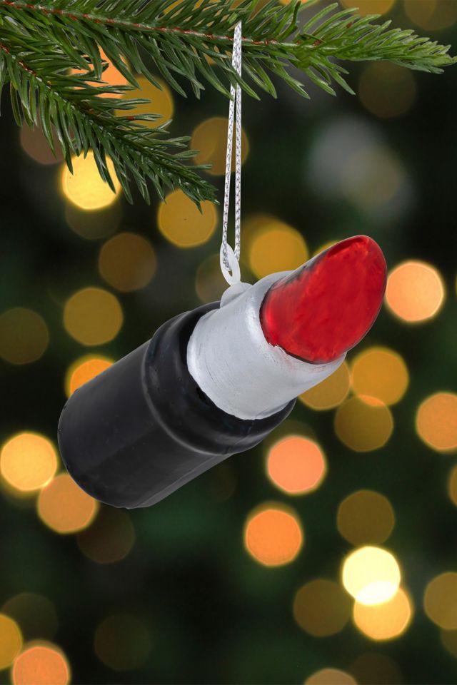 Black and Red Lipstick Glass Christmas Ornament #1