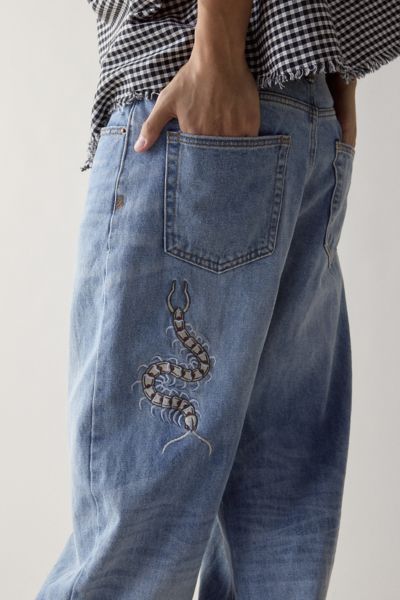 BDG EMBROIDERED CENTIPEDE BAGGY SKATE FIT JEAN IN VINTAGE DENIM LIGHT, MEN'S AT URBAN OUTFITTERS 