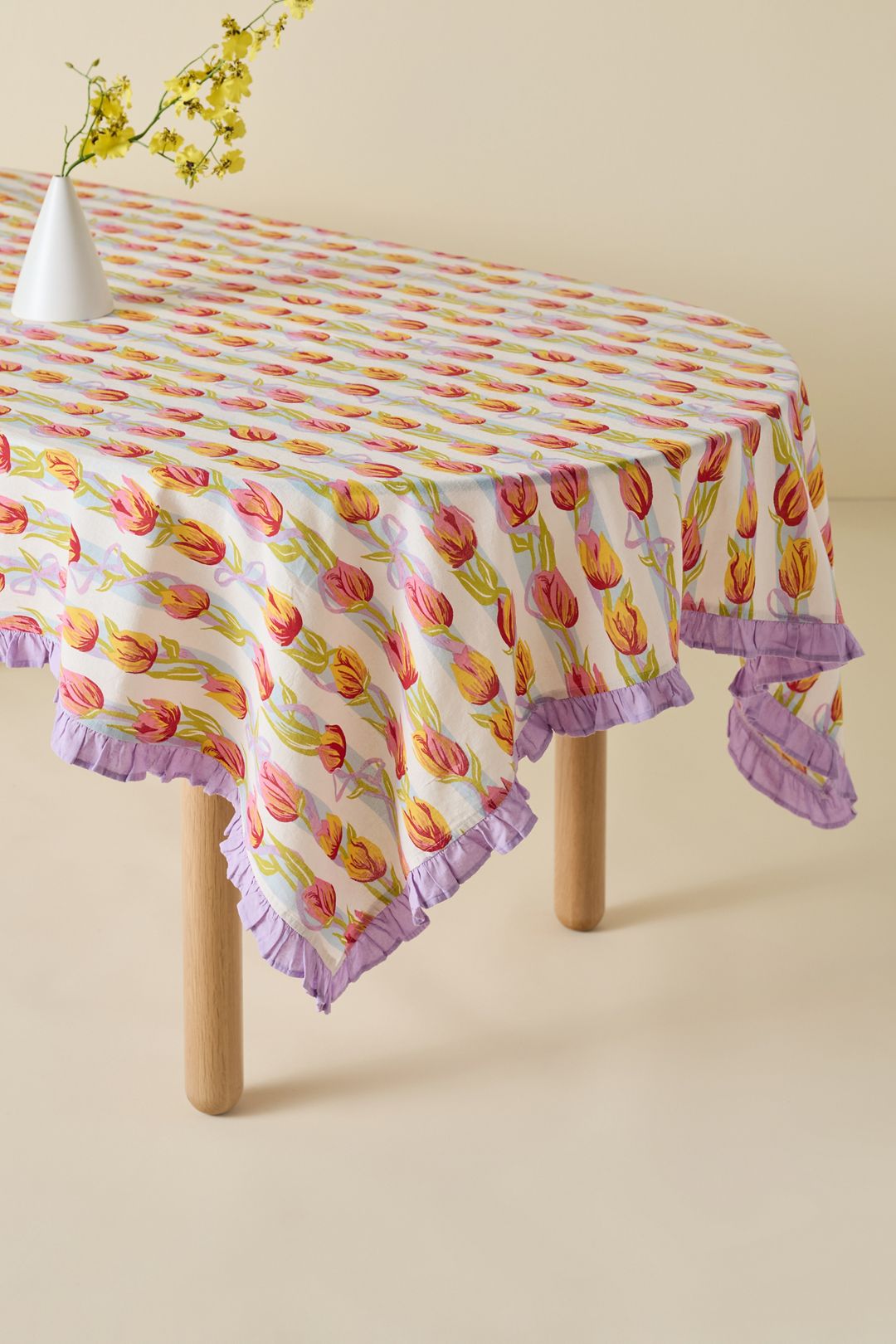 Printed Ruffle Edge Tablecloth - Floral Stripe, ONE SIZE