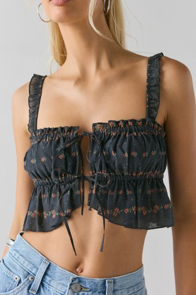 OUT FROM UNDER COLETTE RUFFLE TIE-FRONT BRA TOP IN BLACK, WOMEN'S AT URBAN OUTFITTERS 