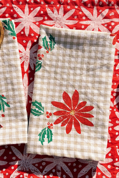 Julie Peach Block Printed Poinsettia Napkin Set