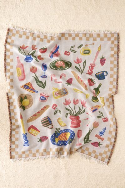 Urban Outfitters Picnic Scene Woven Throw Blanket At