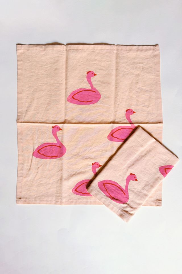 Julie Peach Block Printed Swans Napkin Set #1