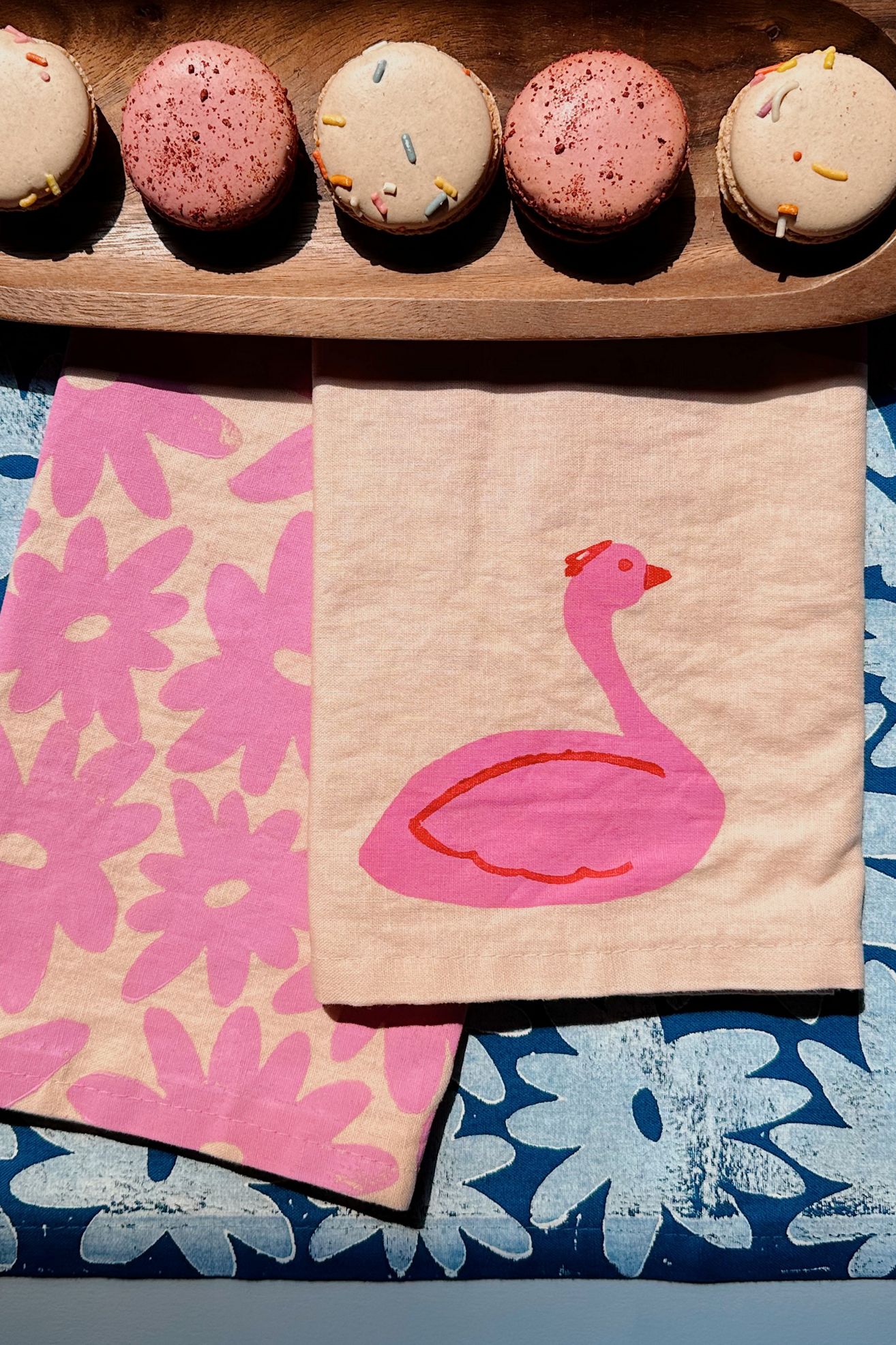Julie Peach Block Printed Swans Napkin Set - Pink, SET OF 4