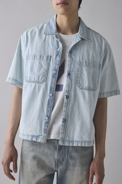 BDG VISION DENIM SHIRT TOP IN LIGHT BLUE, MEN'S AT URBAN OUTFITTERS 