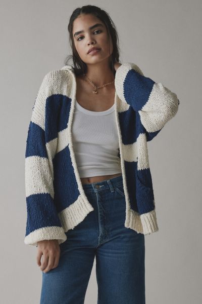 BDG TYLER OVERSIZED STRIPED KNIT HOODED CARDIGAN IN BLUE/WHITE STRIPE, WOMEN'S AT URBAN OUTFITTERS 