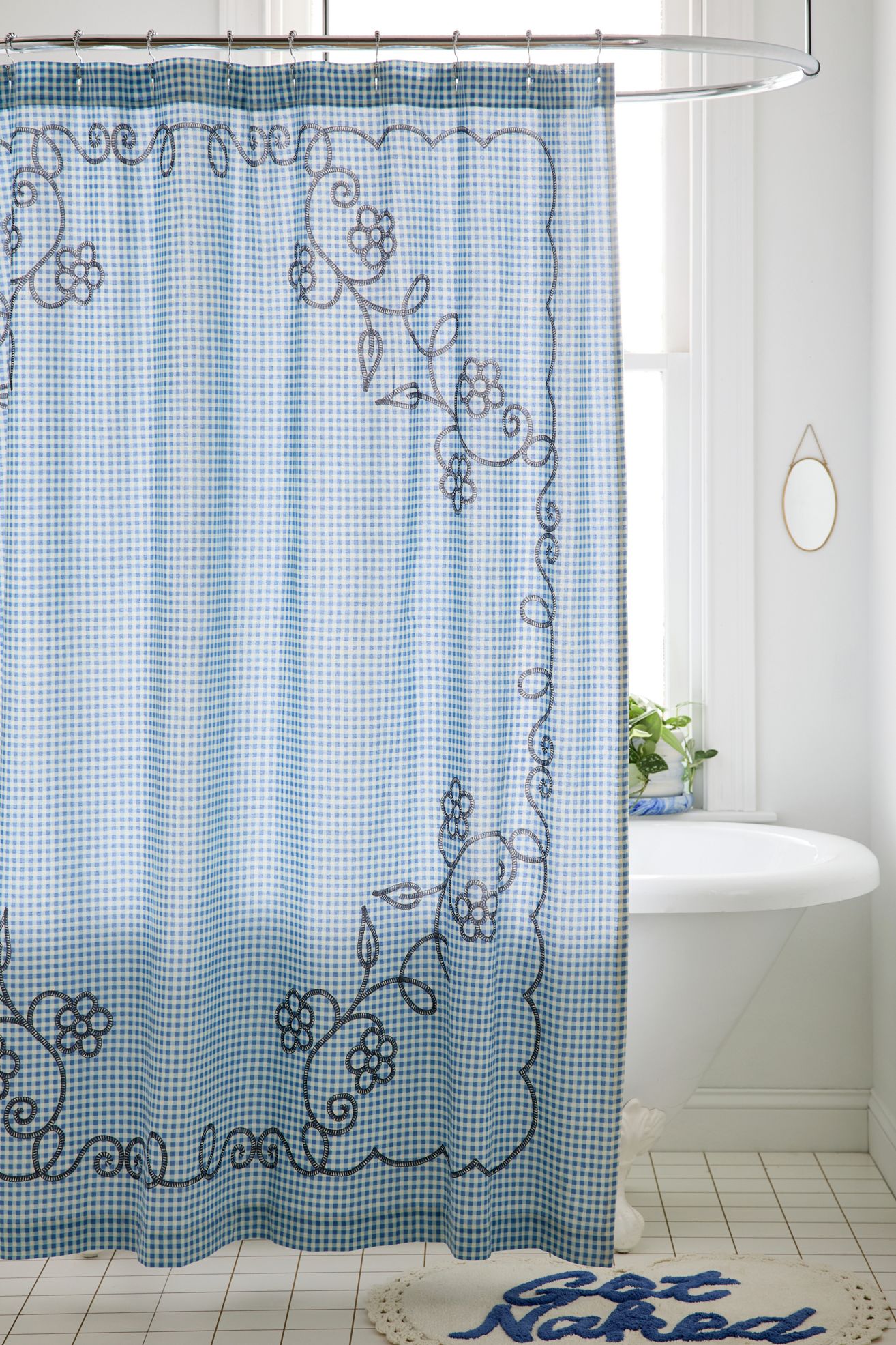 Jessie Gingham Floral Patterned Shower Curtain - Blue, Regular, ONE SIZE