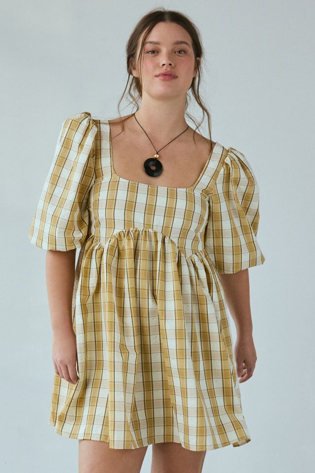 Glamorous Beige Plaid Puff Sleeve Babydoll Mini Dress #2