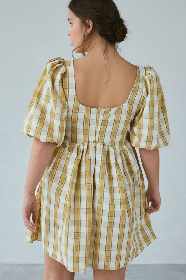 Glamorous Beige Plaid Puff Sleeve Babydoll Mini Dress #3