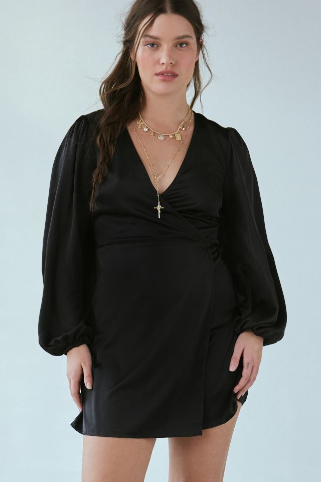 Glamorous Black Satin Long Sleeve Wrap Mini Dress #1