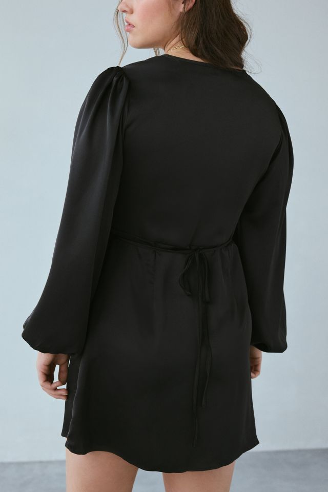 Glamorous Black Satin Long Sleeve Wrap Mini Dress #3