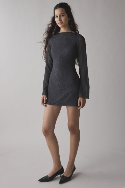 Motel Sava Open-back Black Floral Chiffon Long Sleeve Mini Dress In Textured Chiffon, Women's At Urban Out In Textured Chiffon