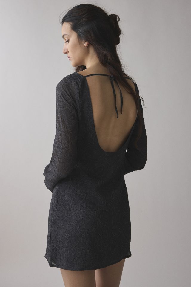 Motel Sava Open-Back Black Floral Chiffon Long Sleeve Mini Dress #3