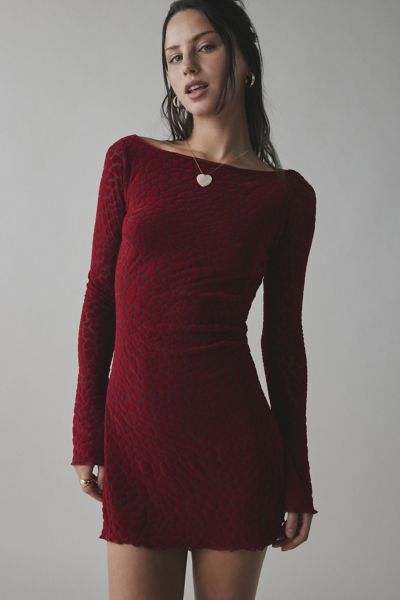 Motel Selvia Heart Flocked Mesh Bell Sleeve Mini Dress In Maroon, Women's At Urban Outfitters In Maroon