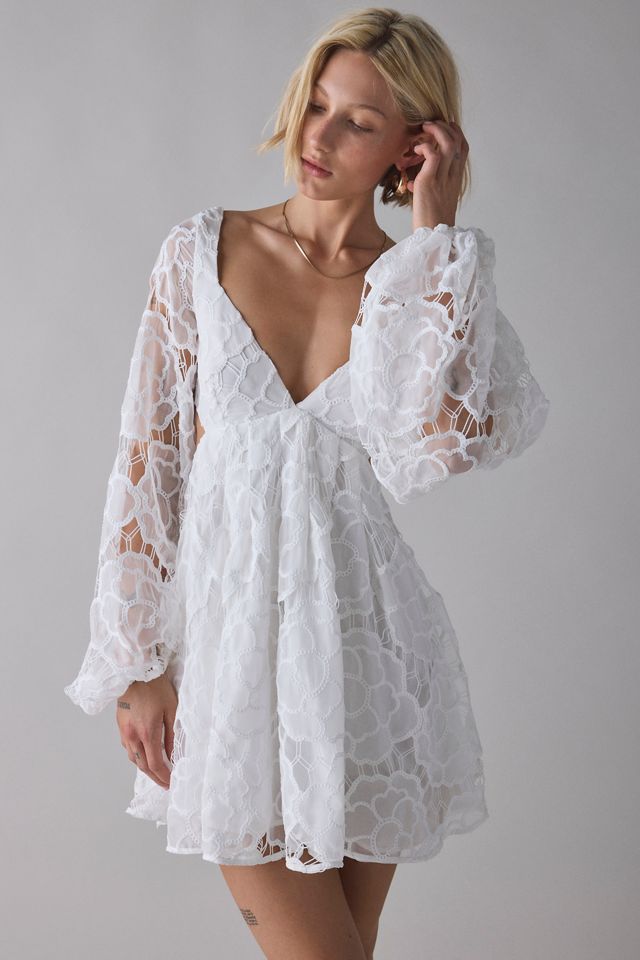 babydoll long sleeve dress Tribeca Twilight Jacquard Mini in Iced Latte Curves 2XL / Iced Latte sheer sleeves and a tiered skirt add a romantic touch. Bardot Jovie Eyelet Embroidered Long