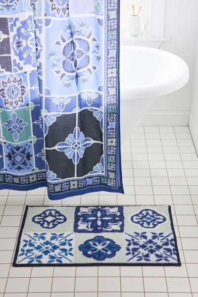 Urban Outfitters Santorini Tile Plush Tufted Bath Mat In Blue At  In Blue