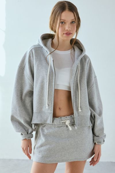 Shop Out From Under Hoxton Cropped Zip-up Hoodie Sweatshirt In Grey, Women's At Urban Outfitters