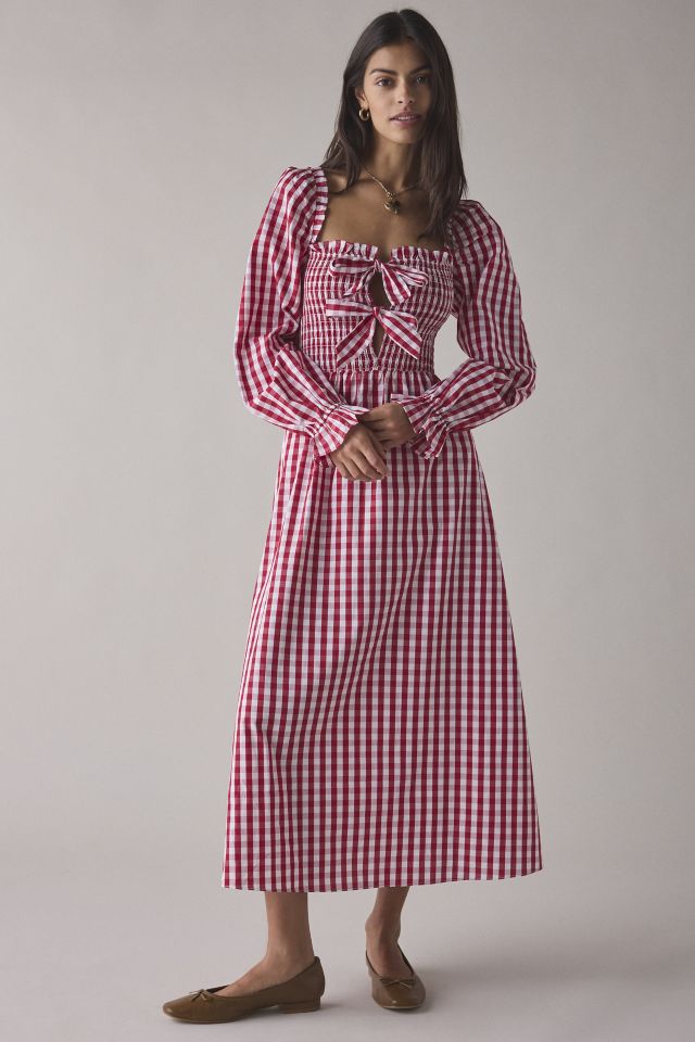 Glamorous Cherry Gingham Tie-Front Bow Smocked Midi Dress #1