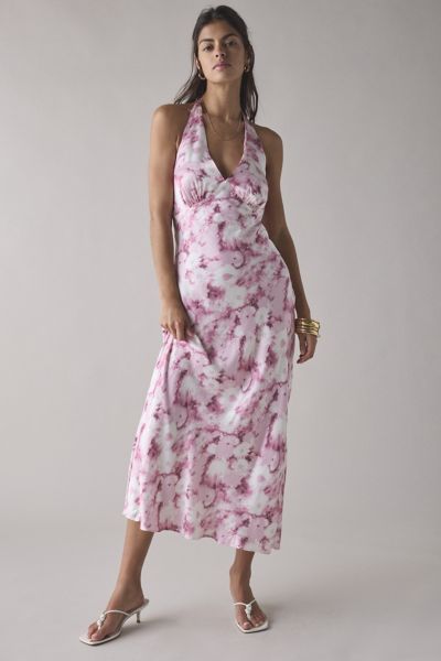 Robe mi-longue Glamorous en satin à imprimé flou marguerite rose avec attache dans le dos au cou