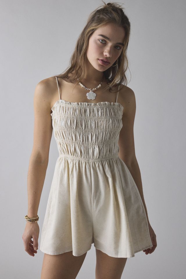Glamorous Cotton-Linen Blend Ruffle Trim Smocked Romper #1