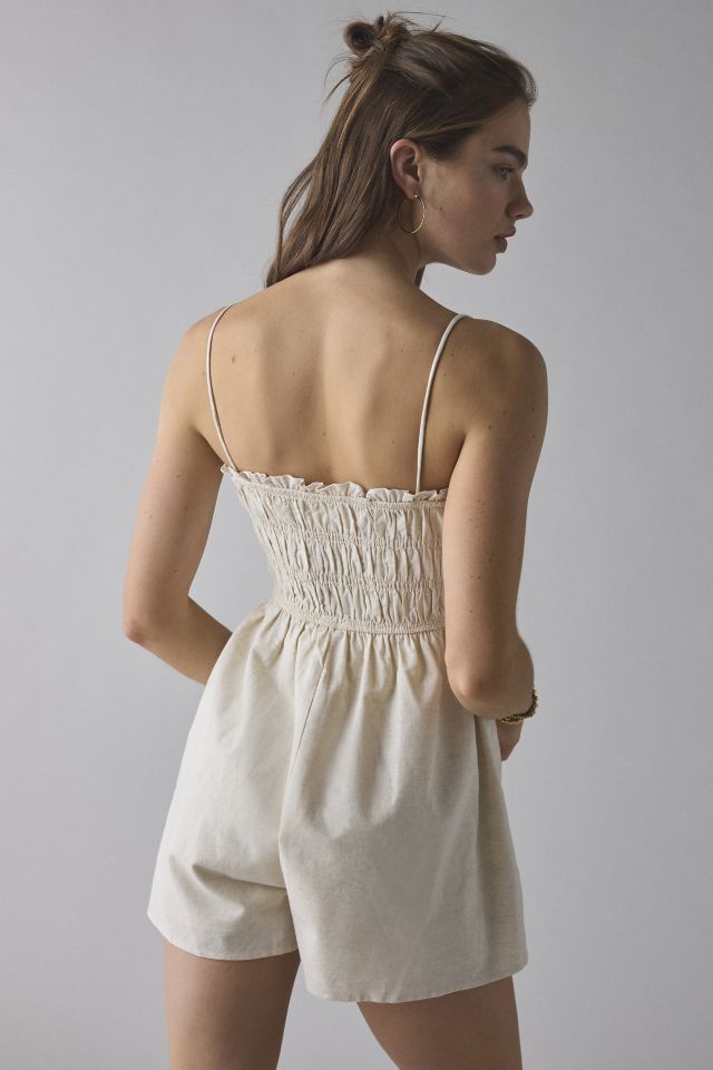 Glamorous Cotton-Linen Blend Ruffle Trim Smocked Romper