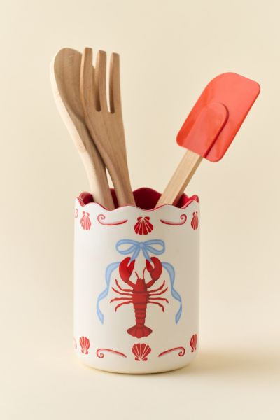 Urban Outfitters Emily Scalloped Ceramic Utensil Holder In Lobster Bow At