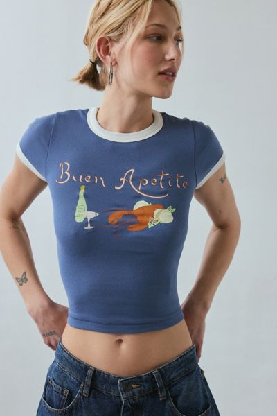 BDG TOO PERFECT BUEN APETITO GRAPHIC RINGER BABY TEE IN NAVY, WOMEN'S AT URBAN OUTFITTERS 