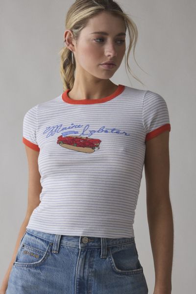 BDG TOO PERFECT MAINE LOBSTER ROLL GRAPHIC STRIPED RINGER BABY TEE IN STRIPED MAINE, WOMEN'S AT URBAN OU 
