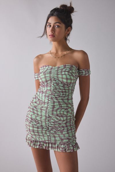 AFRM Tolia Printed Mesh Ruched Off-The-Shoulder Mini Dress