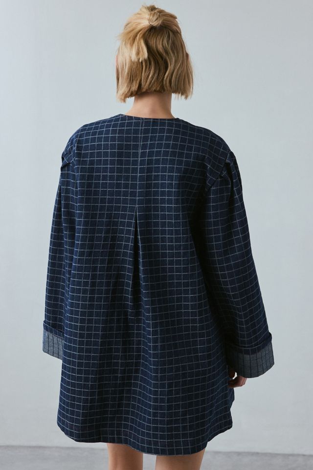 Ghospell Campbell Check Denim Tie-Front Wrap Mini Dress Ghospell Campbell Check Denim Tie-Front Wrap Mini Dress