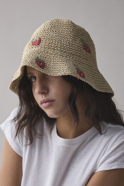 Urban Outfitters Fruit Woven Straw Bucket Hat In Strawberry, Women's At  In Strawberry