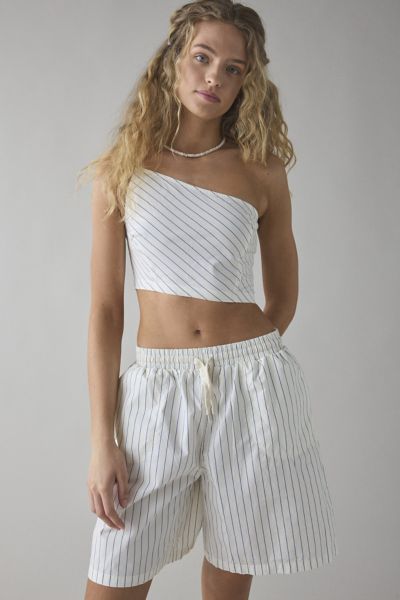 BDG CHELSEA STRIPED COTTON ONE-SHOULDER CROP TOP + LONGLINE SHORT SET IN WHITE/BLUE STRIPE, WOMEN'S AT U 