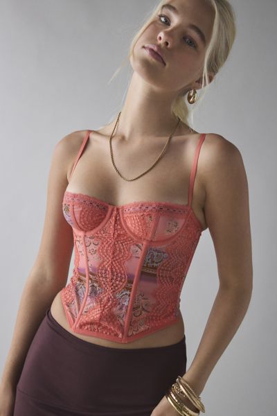 Out From Under Aura Lace-trim Mesh Corset Top In Pink, Women's At Urban Outfitters