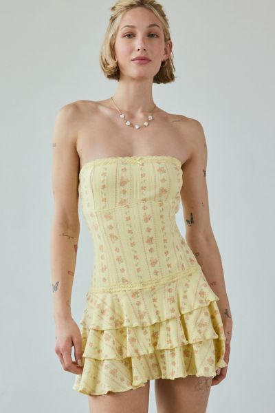 OUT FROM UNDER MIRA PERFECT POINTELLE DROP WAIST STRAPLESS ROMPER IN LIGHT YELLOW, WOMEN'S AT URBAN OUTFITTERS 