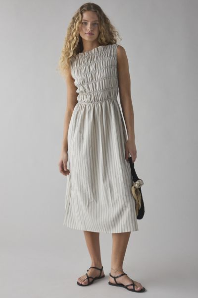 Daisy Street Striped Shirred Sleeveless Midi Dress