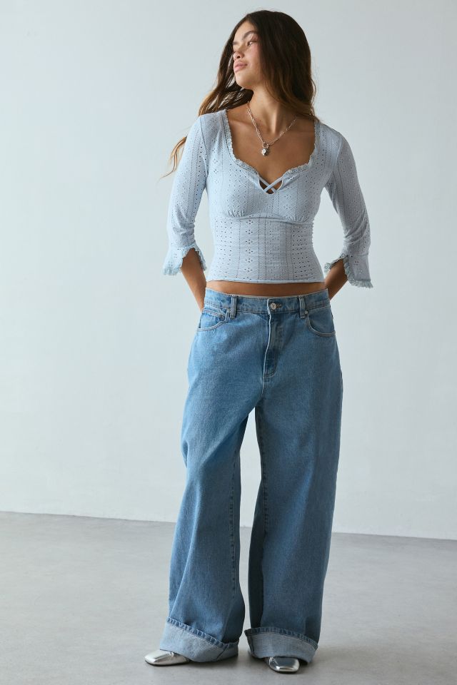Kimchi Blue Zarina 3/4 Bell Sleeve Eyelet Knit Crop Top #1