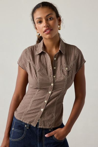 Bdg Veronica Short Sleeve Button-down Shirt In Brown, Women's At Urban Outfitters In Brown