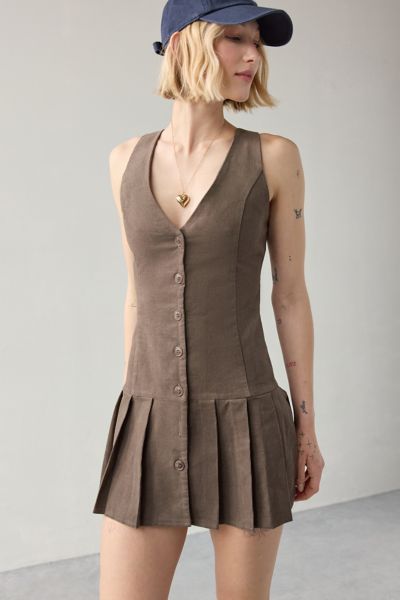Motel Starrin Drop Waist Vest Mini Dress In Cord Brown, Women's At Urban Outfitters In Cord Brown