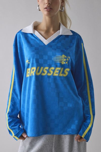 BDG KANE BRUSSELS SOCCER JERSEY GRAPHIC LONG SLEEVE TEE IN BLUE, WOMEN'S AT URBAN OUTFITTERS 