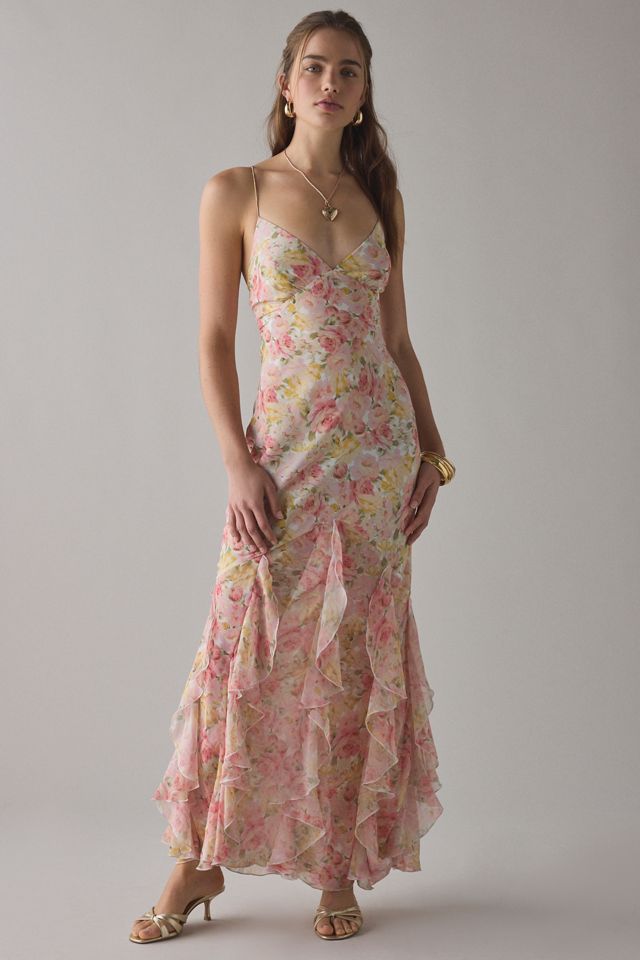 elea maxi dress For Love & Lemons in Peach Adjustable spaghetti straps that lace up at the back neck and tie at the center For Love & Lemons Elea