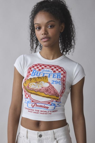 Shop Urban Outfitters Goldie's Butter Graphic Fitted Baby Tee In White, Women's At