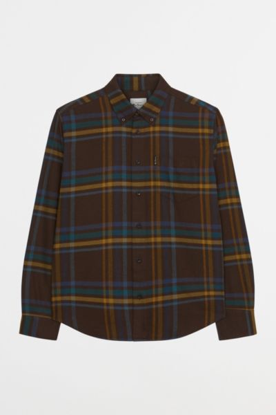 Ben Sherman Oversized Brushed Check Button Up Shirt Top In Dark Brown, Men's At Urban Outfitters In Dark Brown