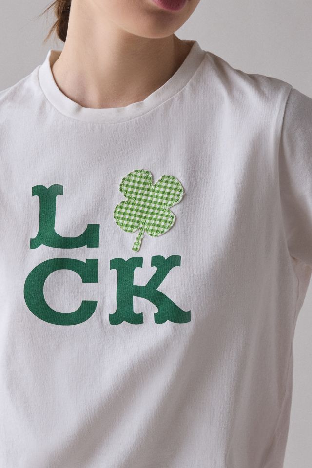 Luck 4-Leaf Clover Gingham Applique Graphic Slim Tee #1