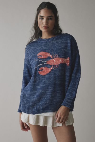 BDG KURT LOBSTER GRAPHIC DISTRESSED SWEATER IN NAVY, WOMEN'S AT URBAN OUTFITTERS 