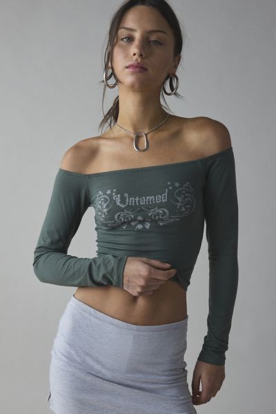 Motel Nauby Untamed Graphic Off-the-shoulder Long Sleeve Top In Green, Women's At Urban Outfitters In Green