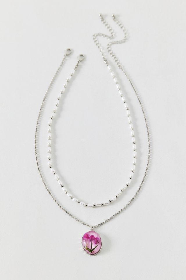 Flora Flower Pendant Pearl Layering Necklace Set #1