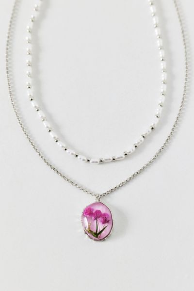 Flora Flower Pendant Pearl Layering Necklace Set