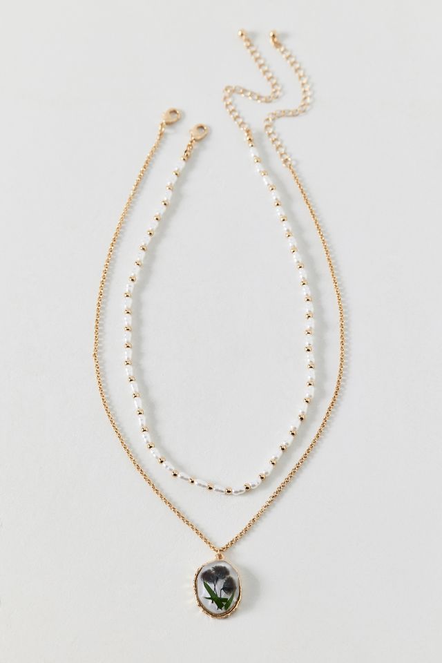 Flora Flower Pendant Pearl Layering Necklace Set #1