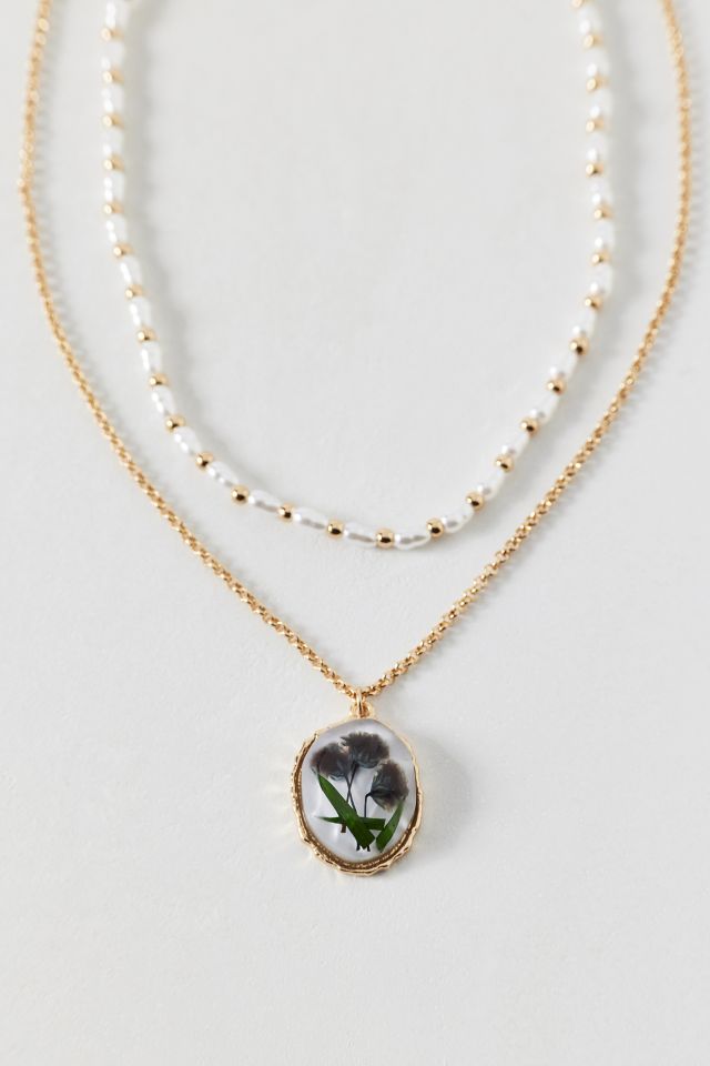 Flora Flower Pendant Pearl Layering Necklace Set #2