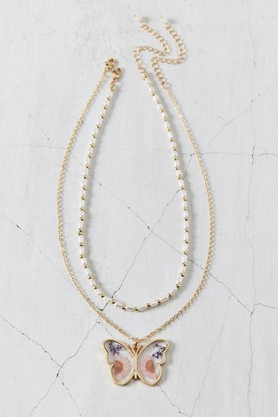 Urban Outfitters Mariposa Butterfly Pendant Pearl Layering Necklace Set In Gold, Women's At  In Gold